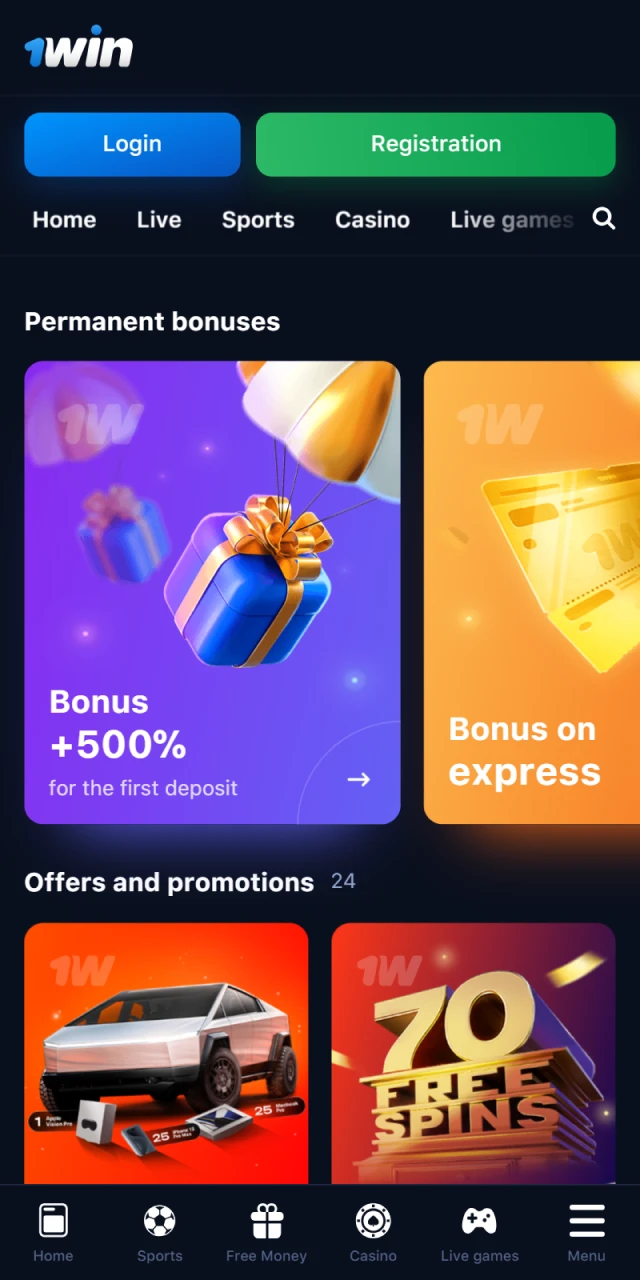 Various profitable bonuses for sports and casinos in the 1Win mobile app.