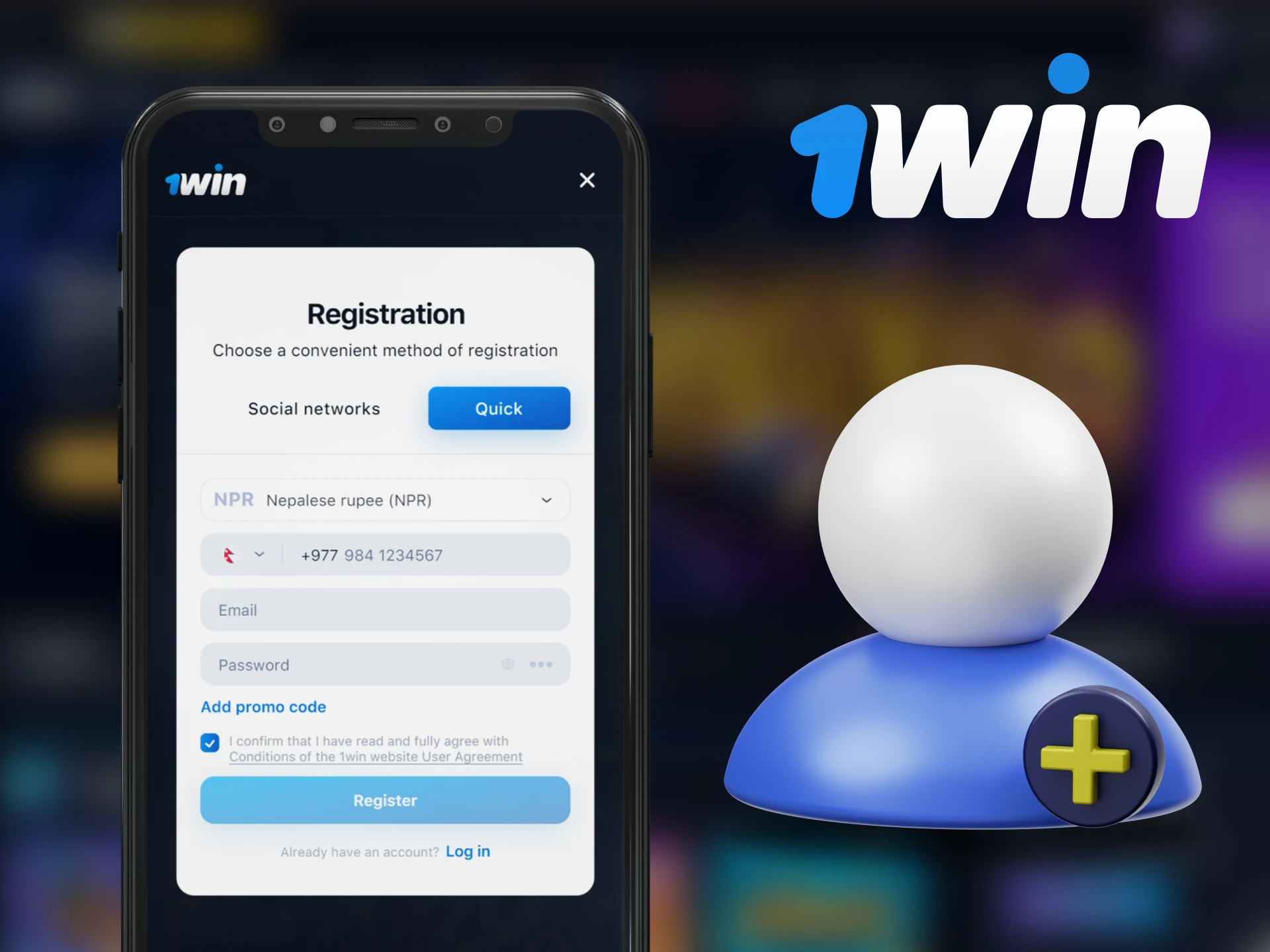 Register for 1Win directly in the mobile app.